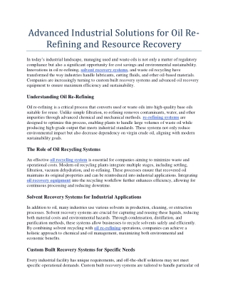 Advanced Industrial Solutions for Oil Re-Refining and Resource Recovery