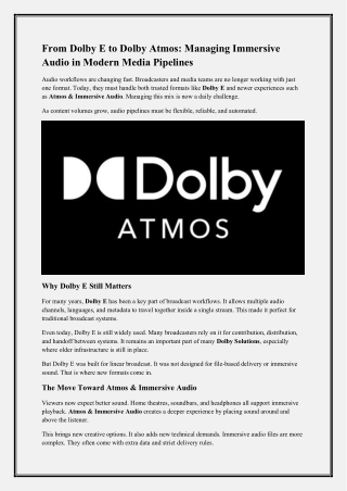 From Dolby E to Dolby Atmos Managing Immersive Audio in Modern Media Pipelines