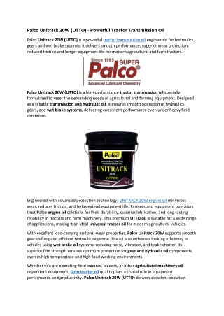 Palco Unitrack 20W (UTTO) - Powerful Tractor Transmission Oil