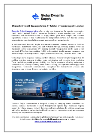 Domestic Freight Transportation by Global Dynamic Supply Limited