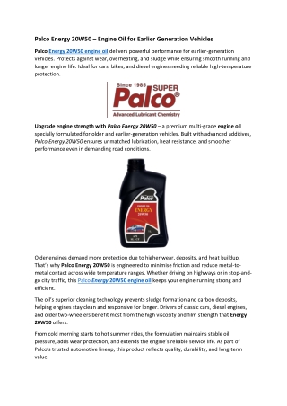 Palco Energy 20W50 – Engine Oil for Earlier Generation Vehicles