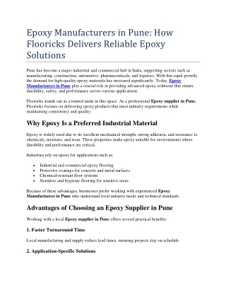 Epoxy Manufacturers in Pune: How Flooricks Delivers Reliable Epoxy Solutions