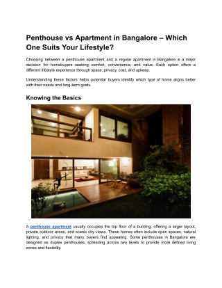 Penthouse vs Apartment in Bangalore Buyer Guide | Total Environment