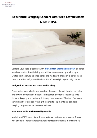 Experience Everyday Comfort with 100% Cotton Sheets Made in USA