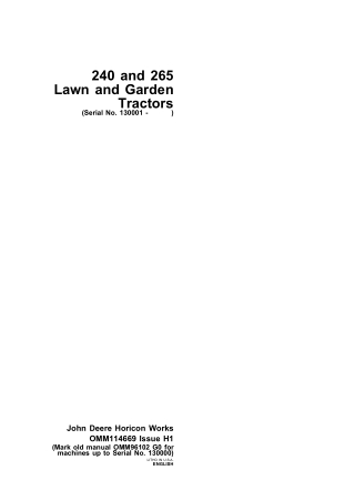 John Deere 240 and 265 Lawn and Garden Tractors Operator’s Manual Instant Download (PIN. 130001-) (Publication No.OMM114