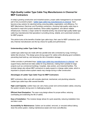 High-Quality Ladder Type Cable Tray Manufacturers in Chennai for MEP Contractors