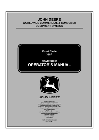 John Deere 380A Front Blade Operator’s Manual Instant Download (Publication No.22514)