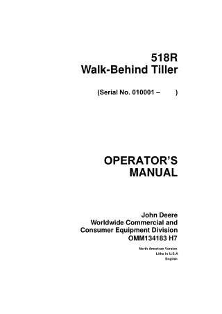 John Deere 518R Walk-Behind Tiller Operator’s Manual Instant Download (pin.010001-) (Publication No.OMM134183)