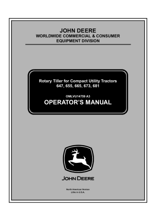 John Deere 647 655 665 673 681 Rotary Tiller For Compact Utility Tractors Operator’s Manual Instant Download ( Pin100001