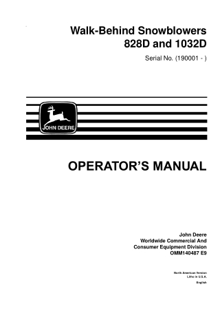 John Deere 828D and 1032D Walk-Behind Snowblowers Operator’s Manual Instant Download (Pin.190001-)(Publication No.OMM140