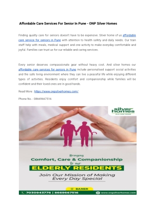 Affordable Care Services For Senior In Pune - ONP Silver Homes