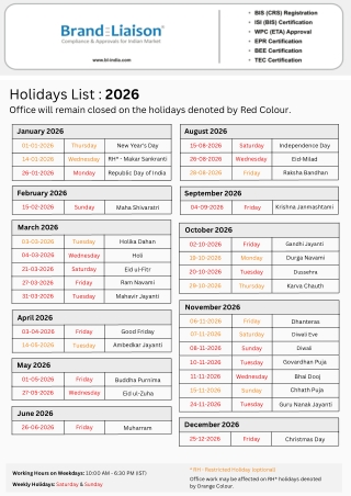 Holiday Calendar list 2026 PDF Download - brand liaison