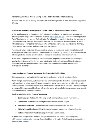 Roll Forming Machines Used in Ceiling, Shutter & Structural Steel Manufacturing