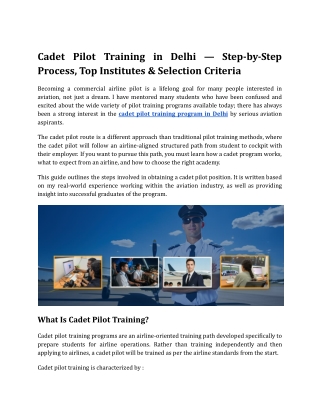 Cadet Pilot Training in Delhi — Step-by-Step Process, Top Institutes & Selection Criteria