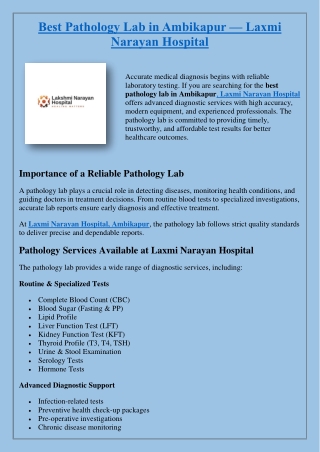 Best Pathology Lab in Ambikapur — Laxmi Narayan Hospital
