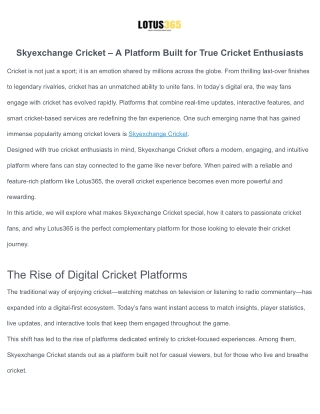 Skyexchange Cricket – A Platform Built for True Cricket Enthusiasts