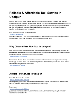 Reliable & Affordable Taxi Service in Udaipur