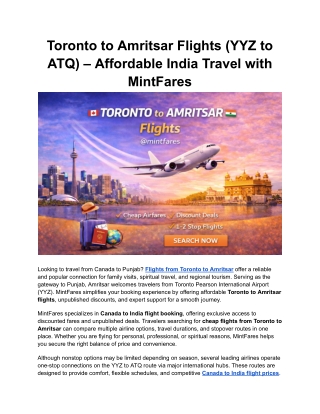 Save Big on Toronto to Amritsar Flights with MintFares