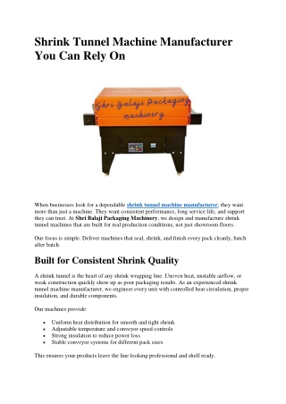 Shrink Tunnel Machine Manufacturer You Can Rely On