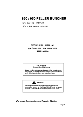 John Deere 850 890 FELLER-BUNCHER Operator’s TECHNICAL Manual Instant Download (PIN997440-997470  10BA1002-10BA1271) (Pu