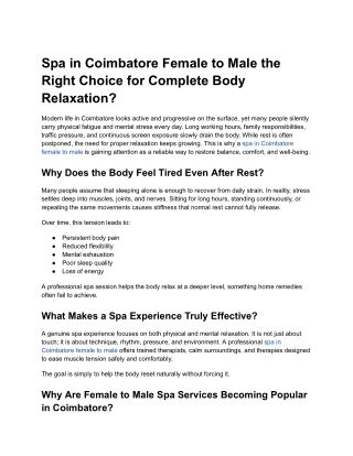 Spa in Coimbatore Female to Male the Right Choice for Complete Body Relaxation