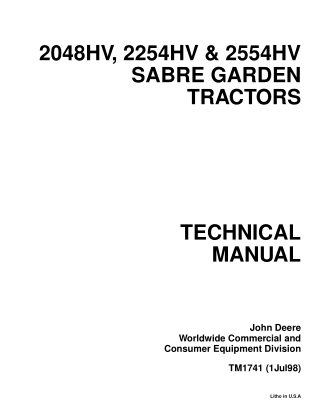 JOHN DEERE 2048HV 2254HV 2554HV SABRE LAWN GARDEN TRACTOR Service Repair Manual Instant Download
