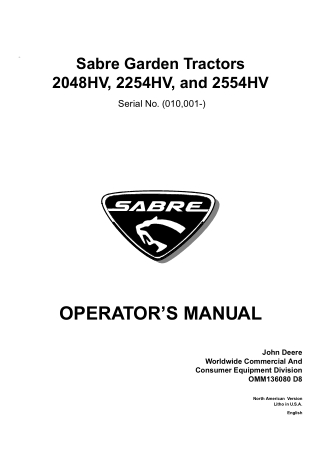 John Deere 2048HV 2254HV and 2554HV Sabre Garden Tractors Operator’s Manual Instant Download (PIN010001-) (Publication N