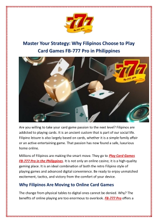 Master Your Strategy: Why Filipinos Choose to Play Card Games FB-777 Pro in Phil