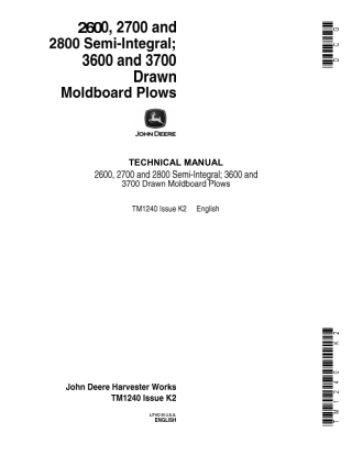 John Deere 2600, 2700 and 2800 Semi-Integral; 3600 and 3700 Moldboard Plows Service Repair Manual Instant Download (tm12