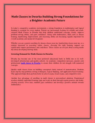 Math Classes in Dwarka Building Strong Foundations for a Brighter Academic Futur