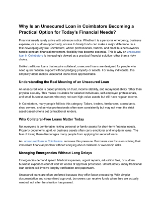 Why Is an Unsecured Loan in Coimbatore Becoming a Practical Option for Today’s Financial Needs