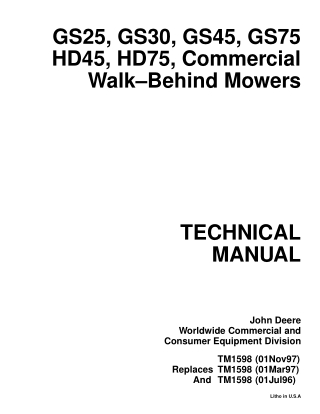 JOHN DEERE GS25 GS30 GS45 GS75 HD45 HD75 COMMERCIAL WALK-BEHIND MOWER Service Repair Manual Instant Download