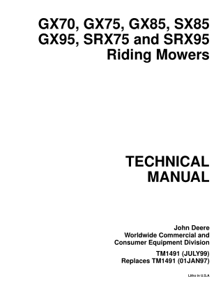 JOHN DEERE GX70 GX75 GX85 SX85 GX95 SRX75 SRX95 RIDING MOWERS Service Repair Manual Instant Download