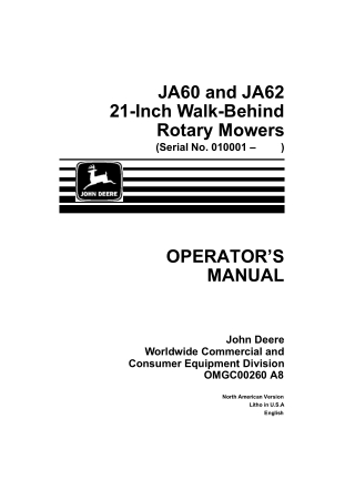 John Deere JA60 and JA62 21-Inch Walk-Behind Rotary Mowers Operator’s Manual Instant Download(PIN.010001-) (Publication