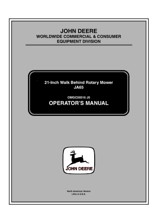 John Deere JA65 21-Inch Walk-Behind Rotary Mower Operator’s Manual Instant Download (pin.100001-) (Publication No.OMGC00