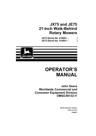 John Deere JX75 and JE75 21-Inch Walk-Behind Rotary Mowers Operator’s Manual Instant Download (PIN010001-) (Publication