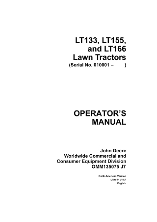 John Deere LT133 LT155 and LT166 Lawn Tractors Operator’s Manual Instant Download (PIN010001-) (Publication No.OMM135075