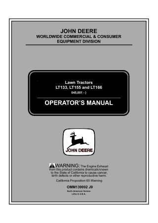 John Deere LT133 LT155 and LT166 Lawn Tractors Operator’s Manual Instant Download (PIN045001-) (Publication No.OMM139992