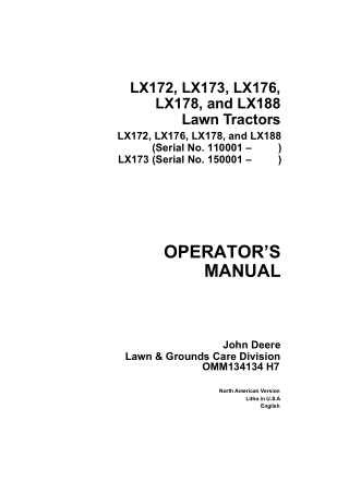John Deere LX172 LX173 LX176 LX178 and LX188 Lawn Tractors Operator’s Manual Instant Download (pin.110001- 150001-) (Pub