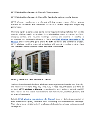 UPVC Window Manufacturers in Chennai for Residential and Commercial Spaces