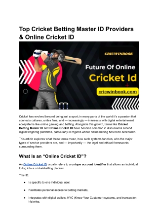 Top Cricket Betting Master ID Providers & Online Cricket ID
