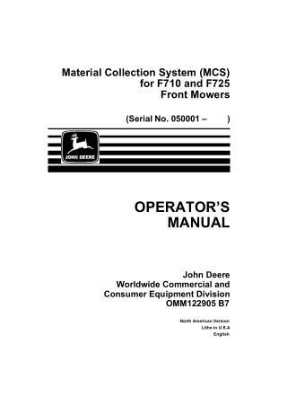 John Deere Material Collection System (MCS) for F710 and F725 Front Mowers Operator’s Manual Instant Download (PIN050001