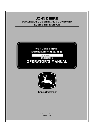 John Deere Mowmentum™ JS25 JS35 Walk-Behind Mower Operator’s Manual Instant Download (pin.010001-) (Publication No.OMGX2