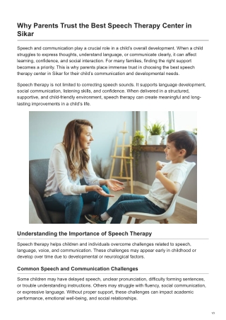 Why Parents Trust the Best Speech Therapy Center in Sikar