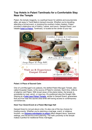 Top Hotels in Palani Tamilnadu for a Comfortable S