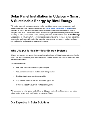 Solar Panel Installation in Udaipur – Smart & Sustainable  Energy by Rizel Energy