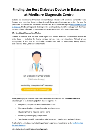 Finding the Best Diabetes Doctor in Balasore at Medicare Diagnostic Centre