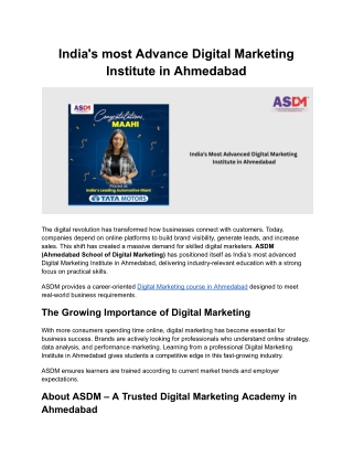India's most Advance Digital Marketing Institute in Ahmedabad