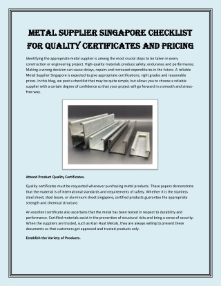 Metal Supplier Singapore Checklist for Quality Certificates and Pricing