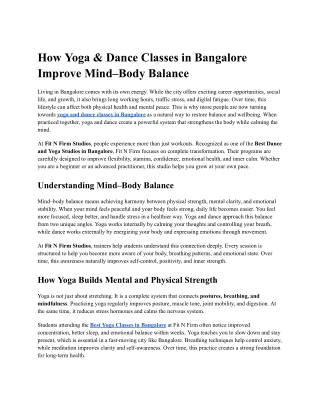 How Yoga & Dance Classes in Bangalore Improve Mind–Body Balance